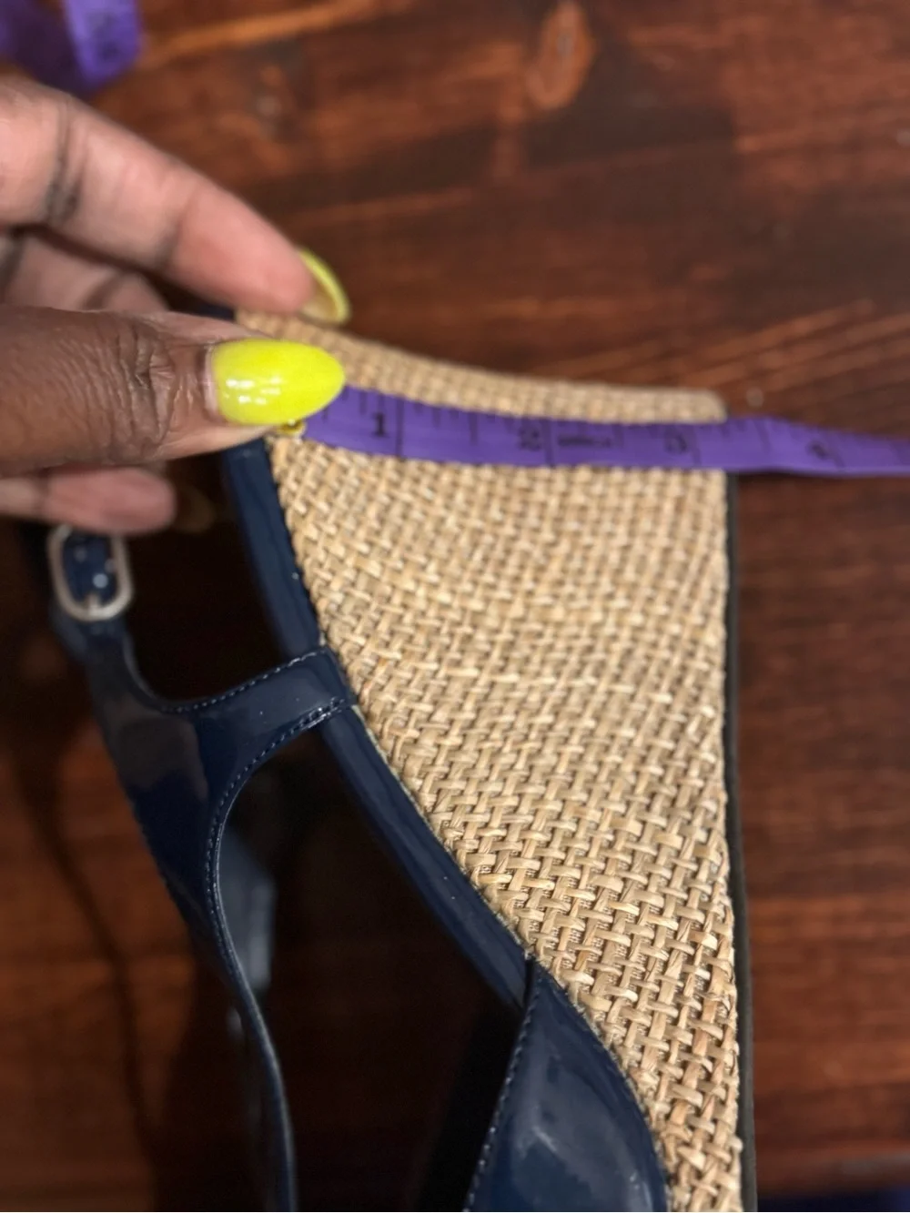 EUC Touch of Nina Navy Patent Wedge Sandals with Tan Rope Knot